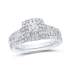 14kt White Gold Round Diamond Halo Bridal Wedding Ring Band Set 1 Cttw