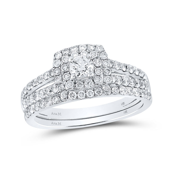 14kt White Gold Round Diamond Halo Bridal Wedding Ring Band Set 1 Cttw