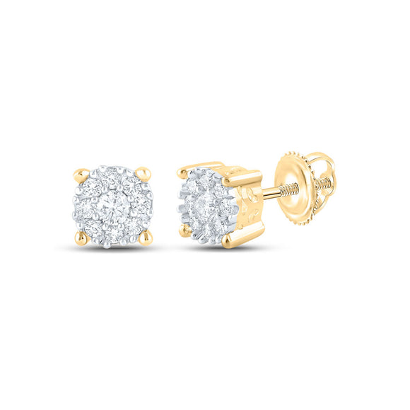 14kt Yellow Gold Womens Round Diamond Flower Cluster Earrings 1/4 Cttw
