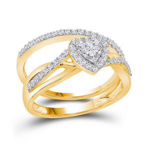14kt Yellow Gold Heart Diamond Bridal Wedding Ring Band Set 7/8 Cttw