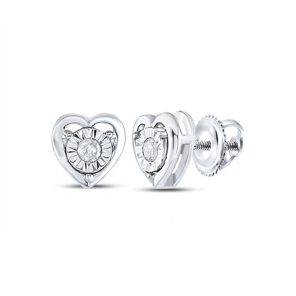 Sterling Silver Womens Round Diamond Heart Earrings 1/20 Cttw