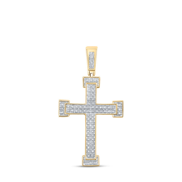 10kt Yellow Gold Mens Round Diamond Roman Cross Religious Charm Pendant 1/5 Cttw