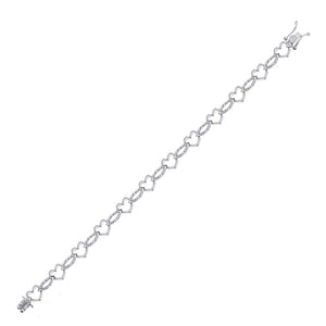 Sterling Silver Womens Round Diamond Heart Outline Link Bracelet 1/12 Cttw