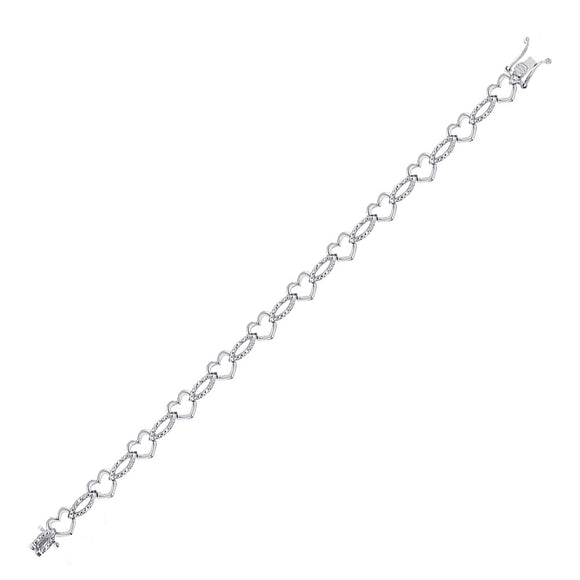 Sterling Silver Womens Round Diamond Heart Outline Link Bracelet 1/12 Cttw