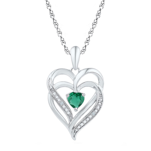 Sterling Silver Womens Round Synthetic Emerald Heart Pendant 5/8 Cttw