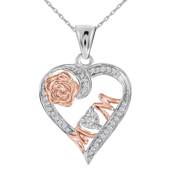 Sterling Silver Womens Round Diamond Rose-tone Mom Heart Pendant 1/8 Cttw
