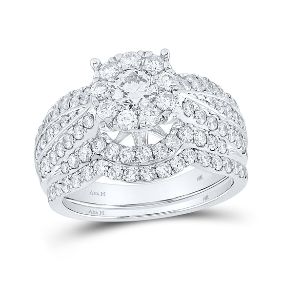 14kt White Gold Round Diamond Bridal Wedding Ring Band Set 1-7/8 Cttw