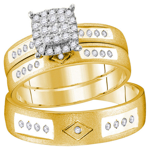 14kt Yellow Gold His Hers Round Diamond Cluster Matching Wedding Set 1/4 Cttw