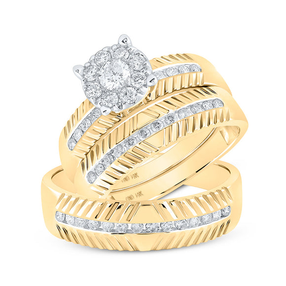 14kt Yellow Gold His Hers Round Diamond Cluster Matching Wedding Set 3/4 Cttw