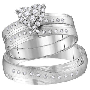 14kt White Gold His Hers Round Diamond Heart Matching Wedding Set 1/4 Cttw