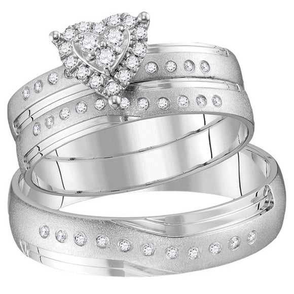 14kt White Gold His Hers Round Diamond Heart Matching Wedding Set 1/4 Cttw