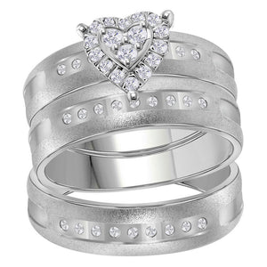 14kt White Gold His Hers Round Diamond Heart Matching Wedding Set 1/4 Cttw