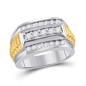 14kt Two-tone Gold Mens Round Diamond Ribbed Band Ring 1 Cttw