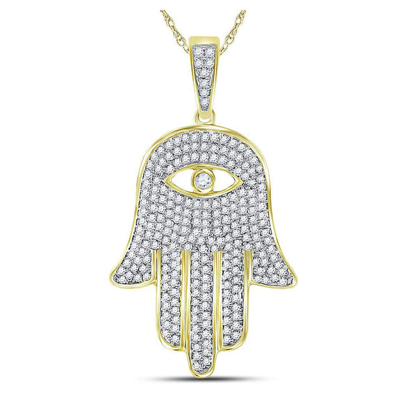 10kt Yellow Gold Mens Round Diamond Hamsa Hand Eye Fatima Charm Pendant 1 Cttw