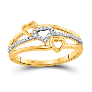 10kt Yellow Gold Womens Round Diamond Double Heart Striped Band Ring 1/10 Cttw
