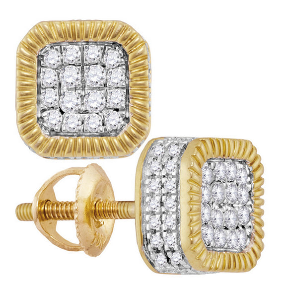 10kt Yellow Gold Round Diamond Fluted Square Cluster Stud Earrings 3/4 Cttw