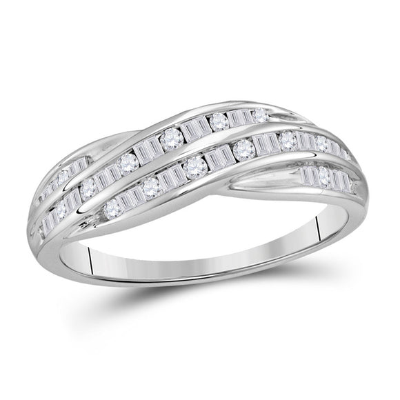 10kt White Gold Womens Round Baguette Diamond Crossover Band Ring 1/3 Cttw