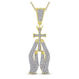 10kt Yellow Gold Mens Round Diamond Praying Hands Cross Charm Pendant 7/8 Cttw