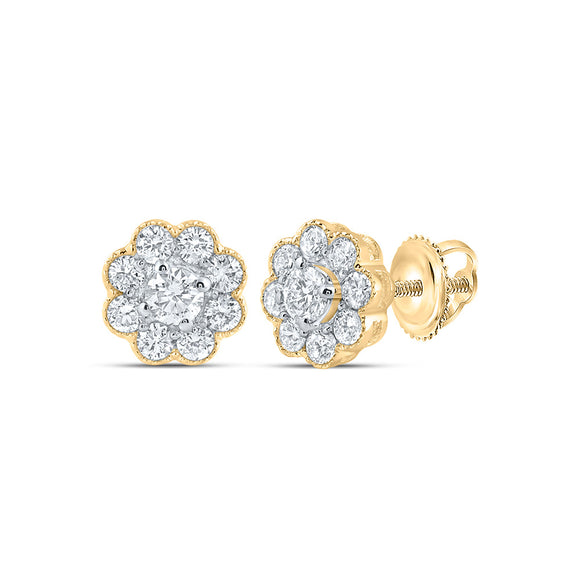 14kt Yellow Gold Womens Round Diamond Flower Cluster Earrings 3/4 Cttw