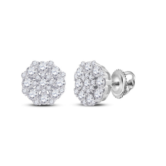 14kt White Gold Womens Round Diamond Octagon Cluster Earrings 7/8 Cttw