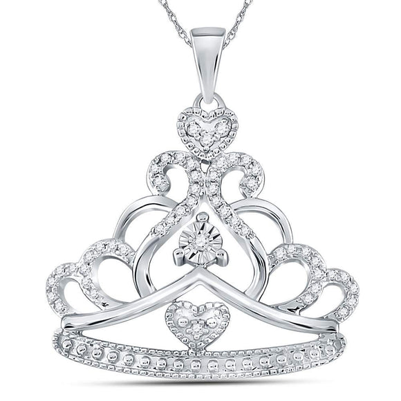 14kt White Gold Womens Round Diamond Crown Tiara Fashion Pendant 1/6 Cttw