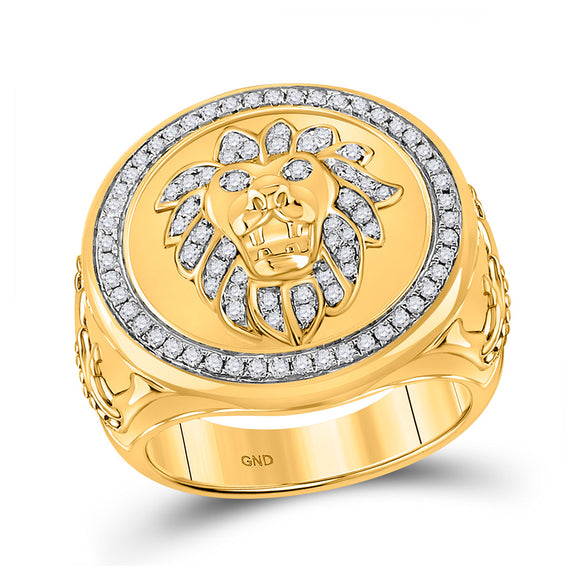 10kt Yellow Gold Mens Round Diamond Lion Circle Ring 5/8 Cttw