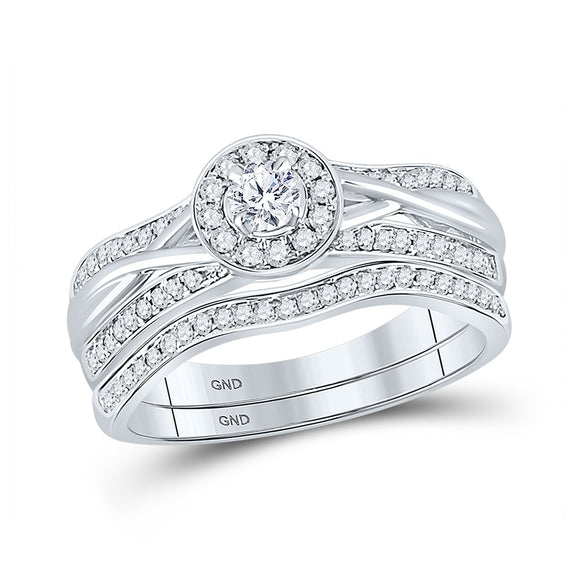 14kt White Gold Round Diamond Halo Bridal Wedding Ring Band Set 1/2 Cttw