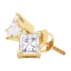 14kt Yellow Gold Unisex Princess Diamond Solitaire Stud Earrings 1/4 Cttw