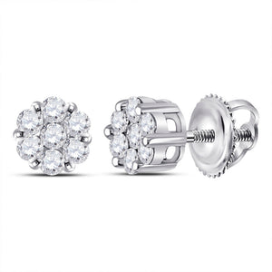 14kt White Gold Womens Round Diamond Flower Cluster Earrings 1/4 Cttw