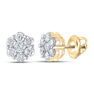 14kt Yellow Gold Womens Round Diamond Flower Cluster Earrings 7/8 Cttw