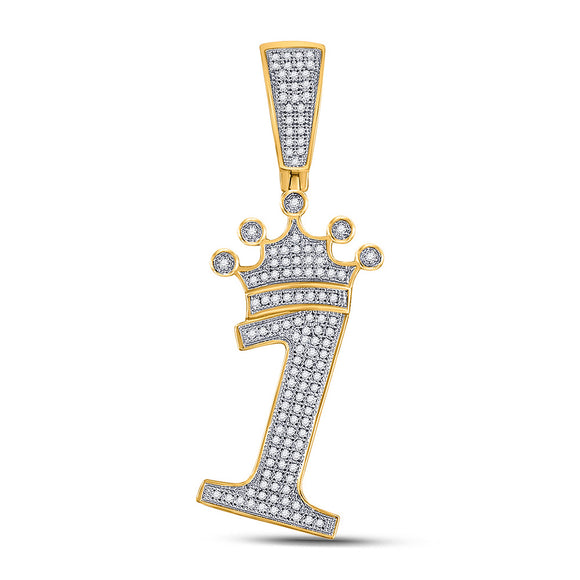10kt Yellow Gold Mens Round Diamond Number 1 Crown Charm Pendant 1/3 Cttw