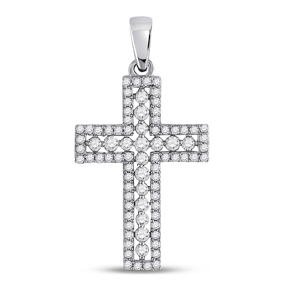 14kt White Gold Womens Round Diamond Cross Pendant 1/2 Cttw