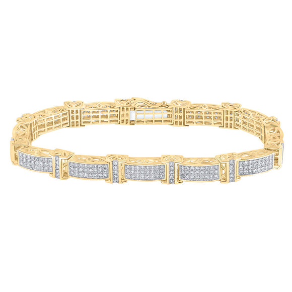 10kt Yellow Gold Mens Round Diamond Rectangle Link Bracelet 5-3/4 Cttw