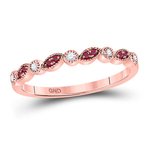 10kt Rose Gold Womens Round Ruby Diamond Marquise Dot Stackable Band Ring 1/8 Cttw