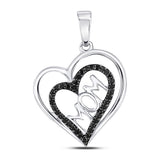 10kt White Gold Womens Round Black Color Enhanced Diamond Mom Heart Pendant 1/8 Cttw