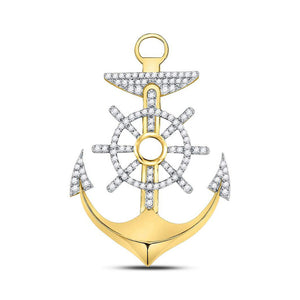 10kt Yellow Gold Mens Round Diamond Anchor Wheel Nautical Charm Pendant 1-1/5 Cttw