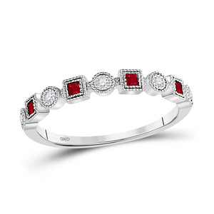10kt White Gold Womens Princess Ruby Diamond Square Dot Milgrain Stackable Band Ring 1/8 Cttw