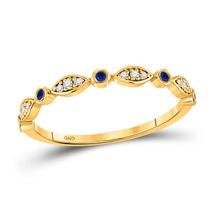 10kt Yellow Gold Womens Round Blue Sapphire Diamond Stackable Band Ring 1/10 Cttw