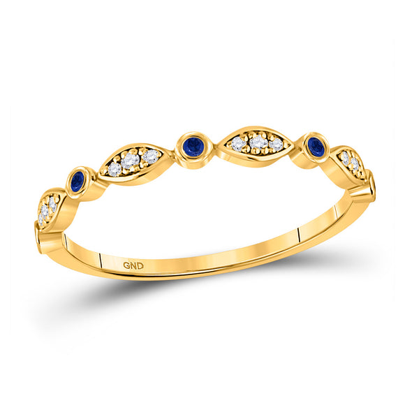 10kt Yellow Gold Womens Round Blue Sapphire Diamond Stackable Band Ring 1/10 Cttw
