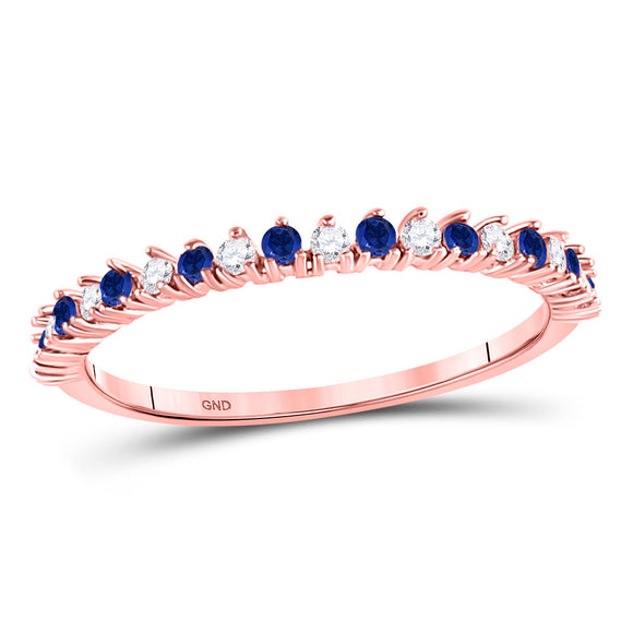 10kt Rose Gold Womens Round Blue Sapphire Diamond Stackable Band Ring 1/5 Cttw