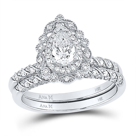 14kt White Gold Pear Diamond Halo Bridal Wedding Ring Band Set 1 Cttw