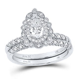 14kt White Gold Pear Diamond Halo Bridal Wedding Ring Band Set 1 Cttw