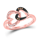 10kt Rose Gold Womens Round Brown Diamond Double Heart Ring 1/20 Cttw