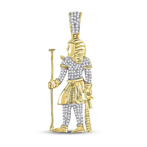 10kt Yellow Gold Mens Round Diamond Egyptian Pharaoh Charm Pendant 3/8 Cttw