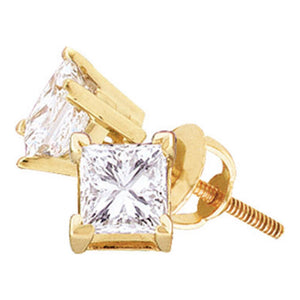 14kt Yellow Gold Unisex Princess Diamond Solitaire Stud Earrings 3/4 Cttw