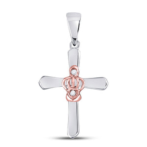 Two-tone Sterling Silver Womens Round Diamond Dainty Cross Pendant .02 Cttw