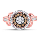10kt Rose Gold Womens Round Brown Diamond Flower Cluster Ring 1/2 Cttw