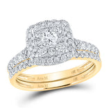 14kt Yellow Gold Round Diamond Square Halo Bridal Wedding Ring Band Set 1 Cttw