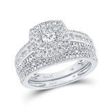 14kt White Gold Round Diamond Square Halo Bridal Wedding Ring Band Set 1 Cttw