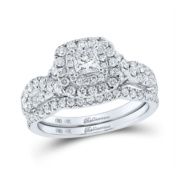 14kt White Gold Princess Diamond Halo Bridal Wedding Ring Band Set 1-1/4 Cttw